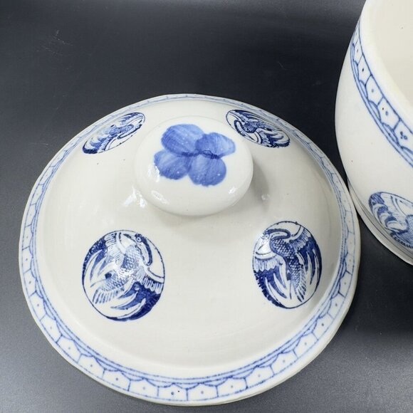 Vintage Japanese Pottery Serving Dish Bowl with Lid Crane Phoenix White Blue VTG - Picture 9 of 15